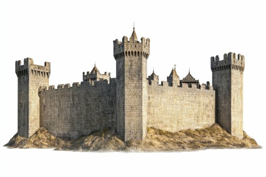 Stone castle, tall towers, isolated background.