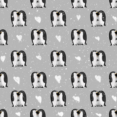 Christmas seamless pattern with winter watercolor cute family penguin with snowdrops and heart doodles