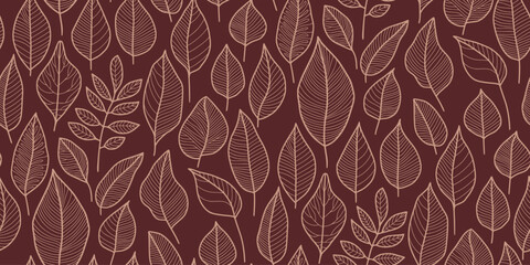 Fototapeta premium Seamless leaf pattern with fine line art on a rich brown background. Ideal for textiles, wallpapers, gift wrap, branding, digital backgrounds, or eco-friendly product designs.