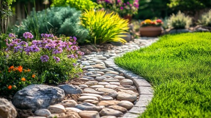 Windy Garden Path, a tranquil stone walkway embraced by lush green grass and vibrant flowers, beckoning visitors to explore a peaceful outdoor retreat.