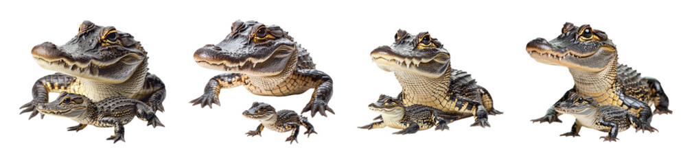 Obraz premium Pack Alligator with a hatchling set against transparent background for wildlife education materials, nature documentaries, or awareness campaigns about animal conservation