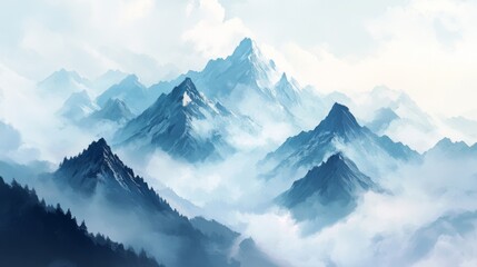 Fototapeta premium Majestic Mountain Range Cloaked in Mist and Clouds