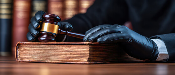 closeup of gavel resting on law book in courtroom setting, symbolizing justice and legal proceedings. gloved hand emphasizes seriousness of legal profession