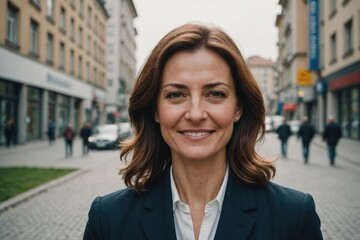 Obraz premium Close portrait of a smiling 40s Kosovar businesswoman looking at the camera, Kosovar big city outdoors blurred background