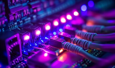 Digital email information goes through electric data cables and optical fibres with lights purple lights