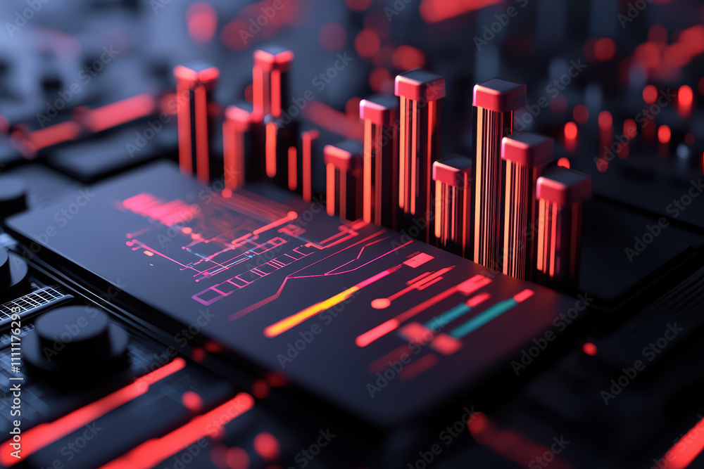 Poster closeup of digital sound mixing console with vibrant red lights, showcasing audio levels and visual 