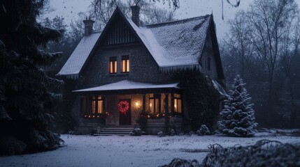Gothic-style ivy-covered house in snowy Transylvania, Romania, featuring a red berry wreath on the arched door, a snow-laden Christmas tree, and surrounded by dense, frosted forest.