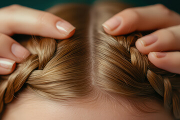 Obraz premium Beautifully braided hair is gently held by delicate hands, showcasing intricate details and polished look. This close up captures elegance and care involved in hairstyling