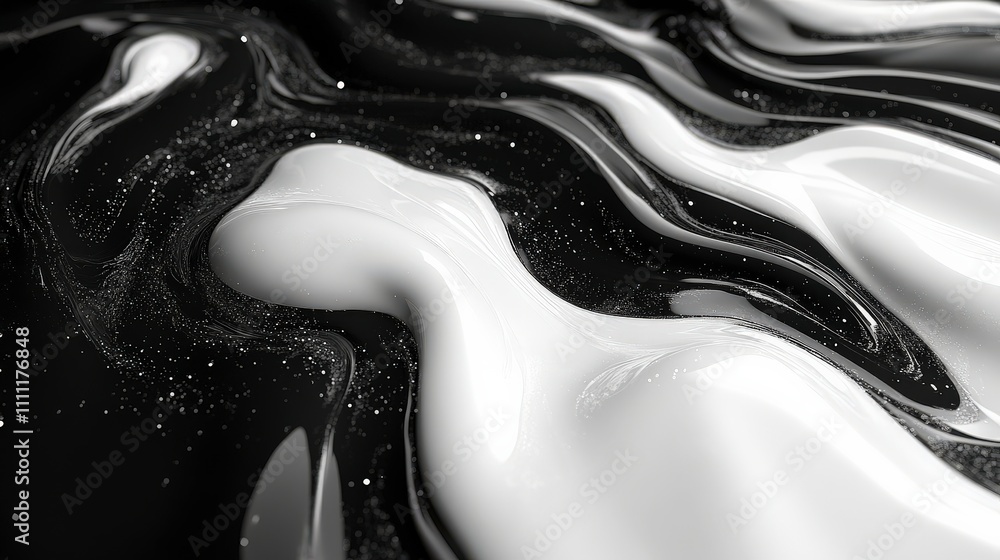 Poster abstract fluid art with black and white waves, graceful swirls, and sparkling particles creating a e