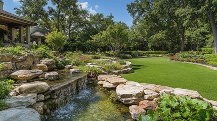 Serene Landscaped Garden, lush green lawns, decorative rocks, tranquil water features, an oasis of beauty and calm, perfect for relaxation and inspiration.