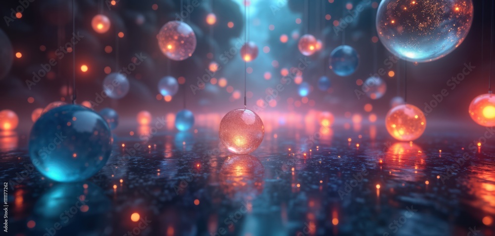 Poster Many glowing orbs hang in dark space. Various colors like blue, orange. Suspended by threads lines. Dark surface with reflections beneath orbs. Scene abstract, evokes mystical cosmic space.