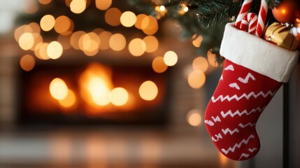 A cozy red stocking filled with candy canes hangs by a warm, festive fireplace. The glowing fire adds a cheerful ambiance with bokeh light effects in the background.