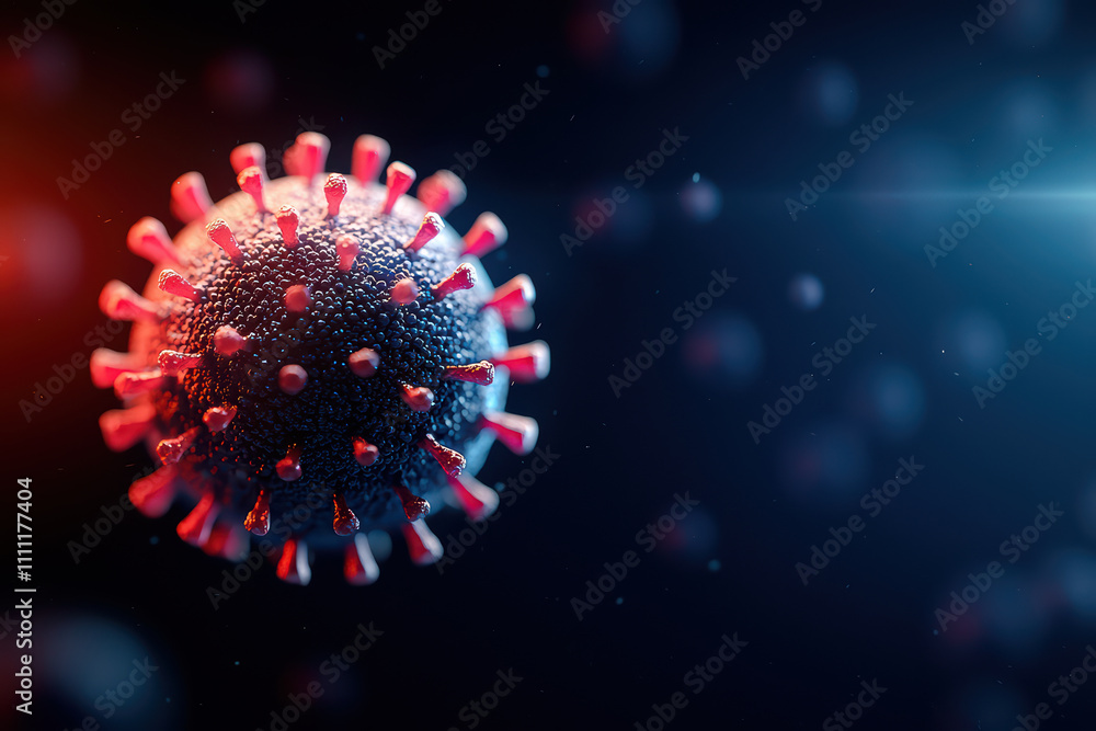 Poster detailed render of virus with spikes, showcasing intricate textures and colors against dark backgrou