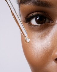 A close-up image highlighting a skincare serum dropper releasing a drop of product near a person's flawless and radiant eye area, showcasing skincare routine.