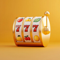 3D Slot Machine with Winning Combination on Gold Background