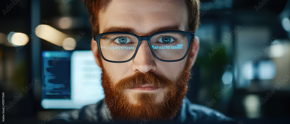 Poster focused programmer in glasses working on coding project at night, showcasing concentration and deter