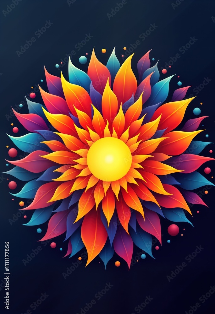 Poster colorful floral sun design. bright abstract flower with vibrant petals. circular symmetrical pattern