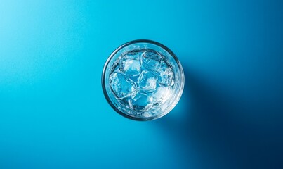 Glass of water with ice standing on blue background. Top view, isolated.