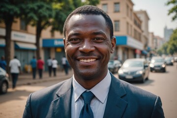 Fototapeta premium Close portrait of a smiling 40s Malawian businessman looking at the camera, Malawian big city outdoors blurred background