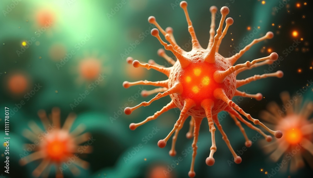 Poster detailed 3d render of virus. close-up view shows intricate structure, activity. orange virus cell wi