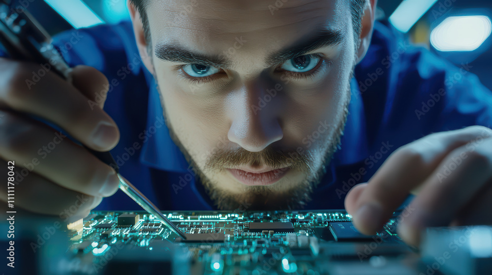 Poster focused technician working on complex circuit board, showcasing precision and concentration in high 