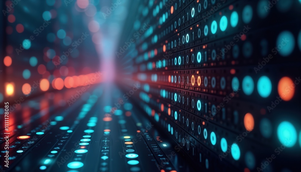 Aufkleber advanced tech operations with data transmission, encryption. binary code glowing on servers in digit