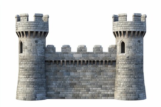 Stone wall section, two towers, crenellations.