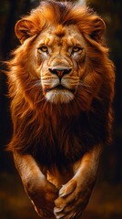 Fototapeta premium A majestic lion with its mane flowing in the wind, walking on all fours, showcasing its power and strength. full-body portrait photography features a bokeh background, capturing the essence of a wildl