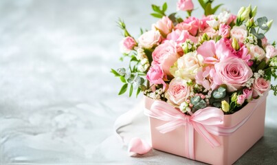 Heart shape box gift with pastel spring, summer flowers, bouquet. Happy mothers day, birthday, anniversary, wedding holiday decoration