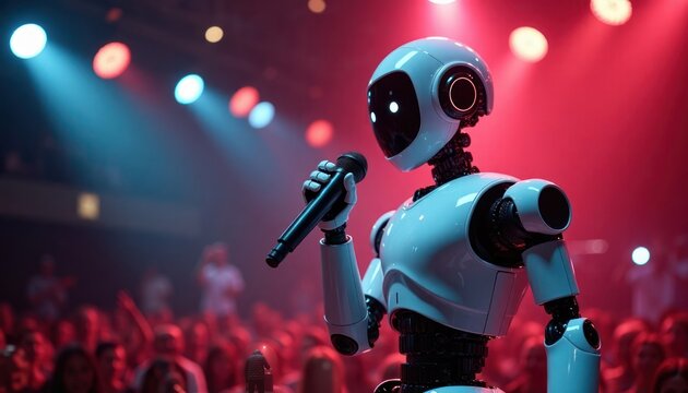 Humanoid robot sings on stage. Audience listens to the robot performer. Futuristic entertainment concept. Concert event. Advanced tech. Automated performance. Music and AI.
