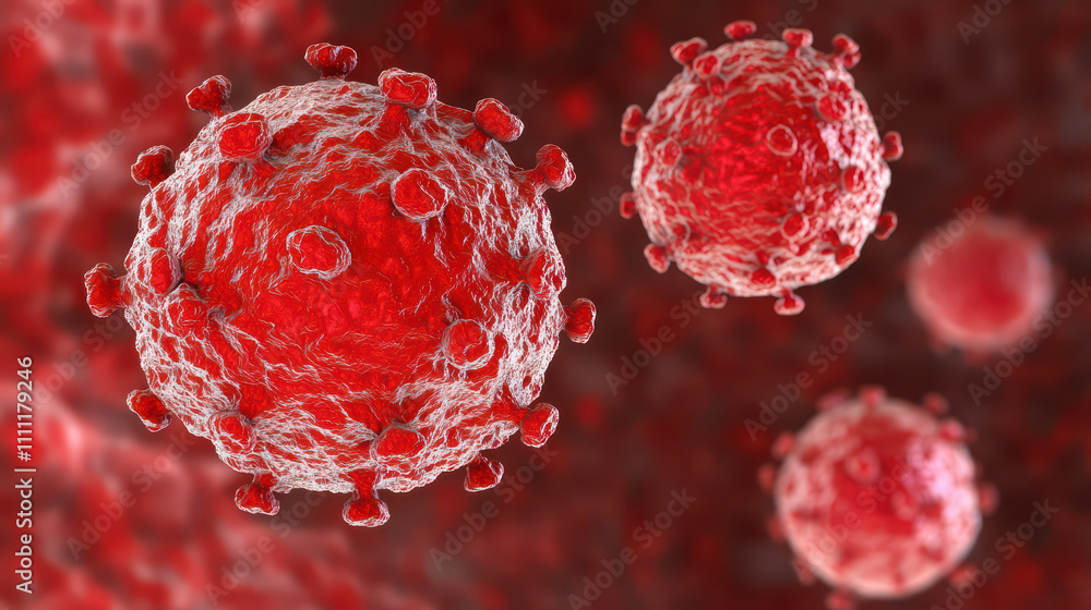 Poster vivid red virus structure illustration showcasing intricate details and textures. this representatio