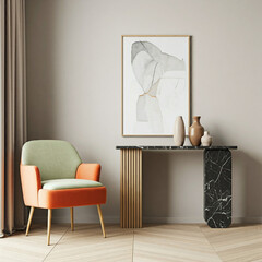 modern and minimalist interior design. A vibrant green and orange armchair stands out against the neutral-colored wall.