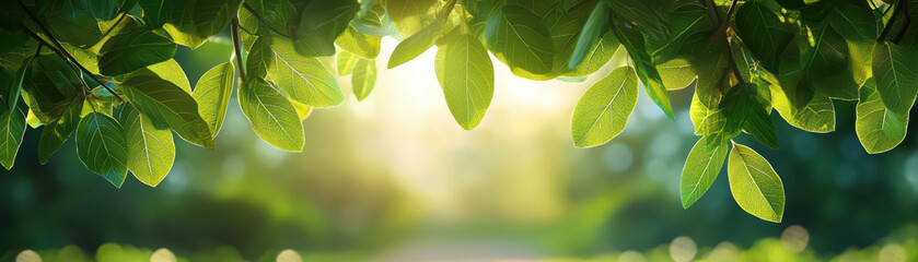 Obraz premium Sunlit leaves create serene natural ambiance in forest, enhancing peaceful atmosphere with vibrant greenery and soft light filtering through