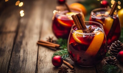Festive mulled wine with cinnamon sticks, oranges, and pinecones on a wooden table decorated with Christmas ornaments. Holiday beverage concept.