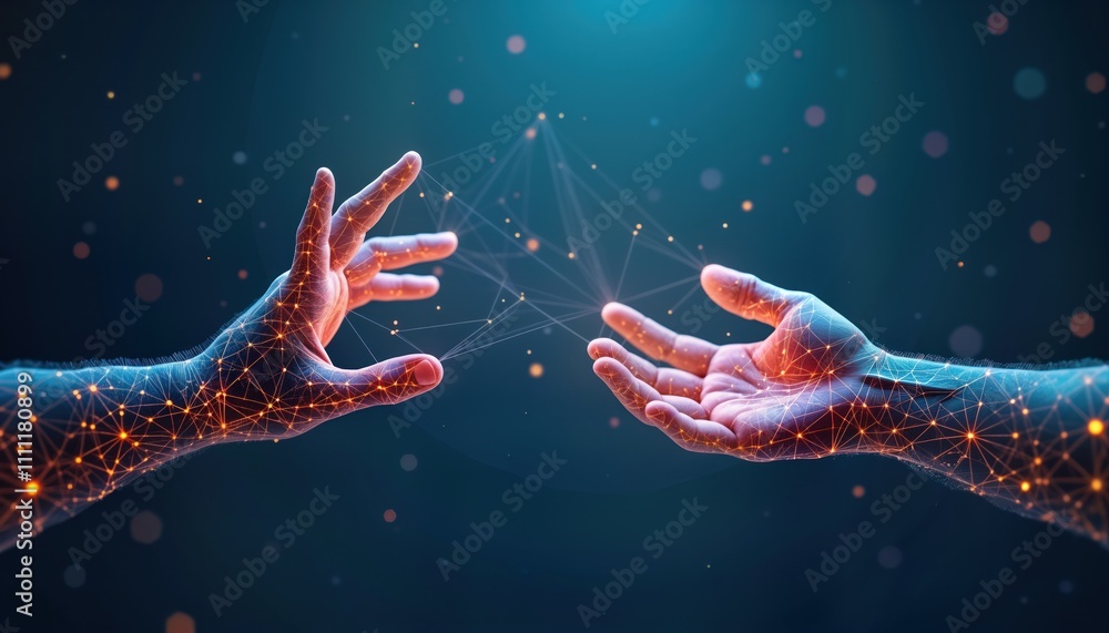 Poster two glowing polygonal hands reach out on dark blue background. wireframe design suggests tech assist