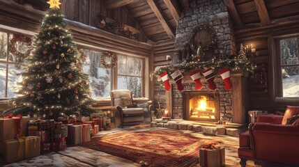 Fototapeta premium Cozy Cabin Christmas, inviting interior with rustic decor, a grand Christmas tree, stockings by the fireplace, perfect for evoking festive warmth and holiday spirit