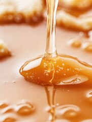 A thick stream of honey adorned with tiny air bubbles is captured in a close-up, demonstrating its richness and viscosity, creating a captivating visual delight.
