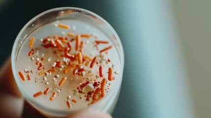 A close-up view of a Petri dish reveals vivid red microbes, highlighting a detailed study of microorganisms in a scientific setting with focus on biology and research.