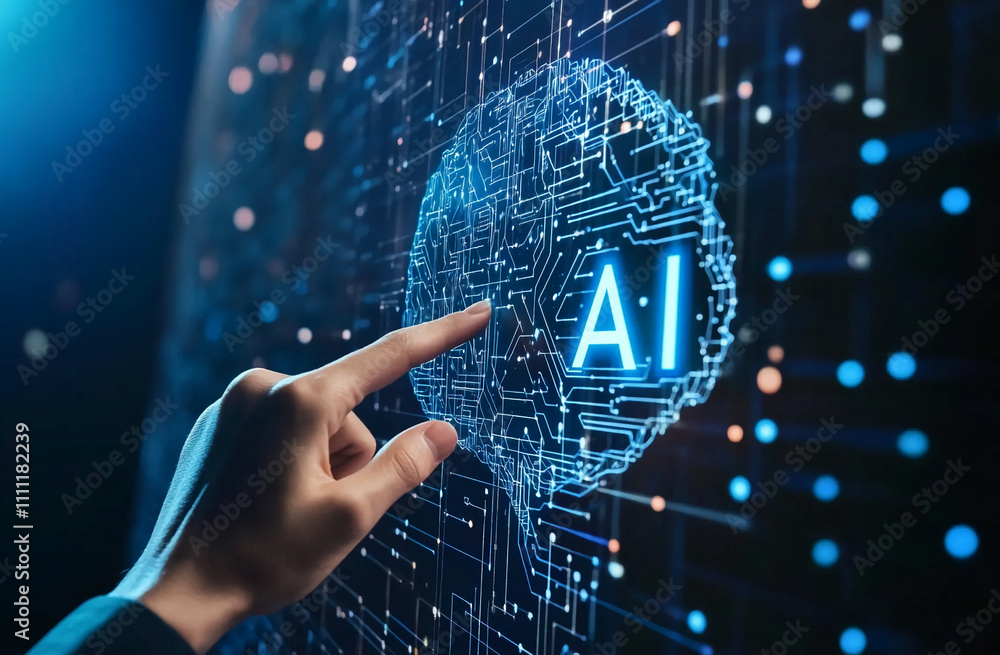 Poster Digital representation of artificial intelligence concept with a human hand interacting with a glowing brain pattern