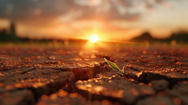 A tiny green sprout emerges from the dry, cracked earth, illuminated by the setting sun, embodying resilience and hopefulness against the challenges of drought.