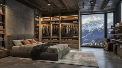 A 3D rendering of a stylish bedroom featuring sleek gray walls and a concrete floor, contributing to its modern industrial feel.