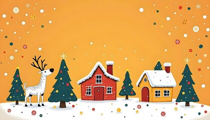 Obraz premium Cozy Christmas Village Scene with Reindeer on Orange Background