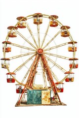 Rusty, weathered Ferris wheel; many empty gondolas.