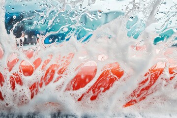 Fototapeta premium Water And Foam Cover A Car During A Wash, Showcasing Professional Cleaning Services With Soap And Shampoo. Perfect For Advertising Automobile Care.