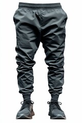 Dark gray sweatpants, elastic waistband, dark shoes.