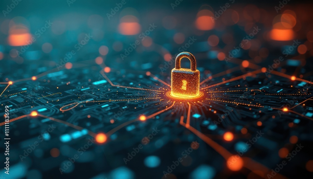 Poster futuristic tech background. digital lock graphic glows on circuit board. complex network connections