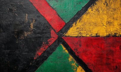Old paint background with red, green, yellow geometrical elements against a black background. Black History month backdrop