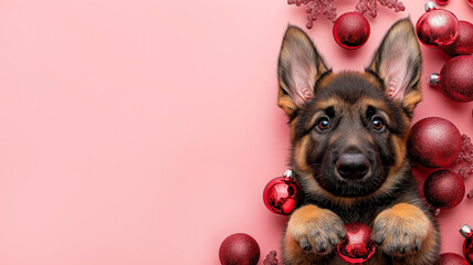 Cute German Shepherd puppy poses with curious eyes, surrounded by red Christmas ornaments on pink background. For holiday cards, seasonal campaigns, advertisements pets and Christmas celebrations