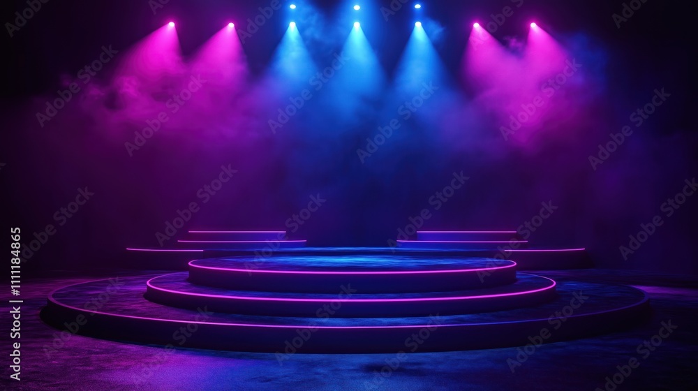 Poster Dark stage with neon lighting. Purple and blue lights highlight a series of circular platforms. Abstract design. Empty stage for product presentation. Modern and stylish background.