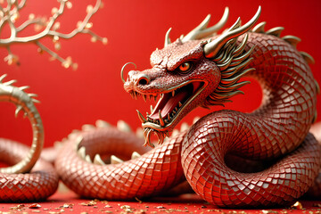 Fototapeta premium Red dragon with golden horns and golden teeth on a red background. Chinese New Year. Symbol of prosperity, luck, wisdom.